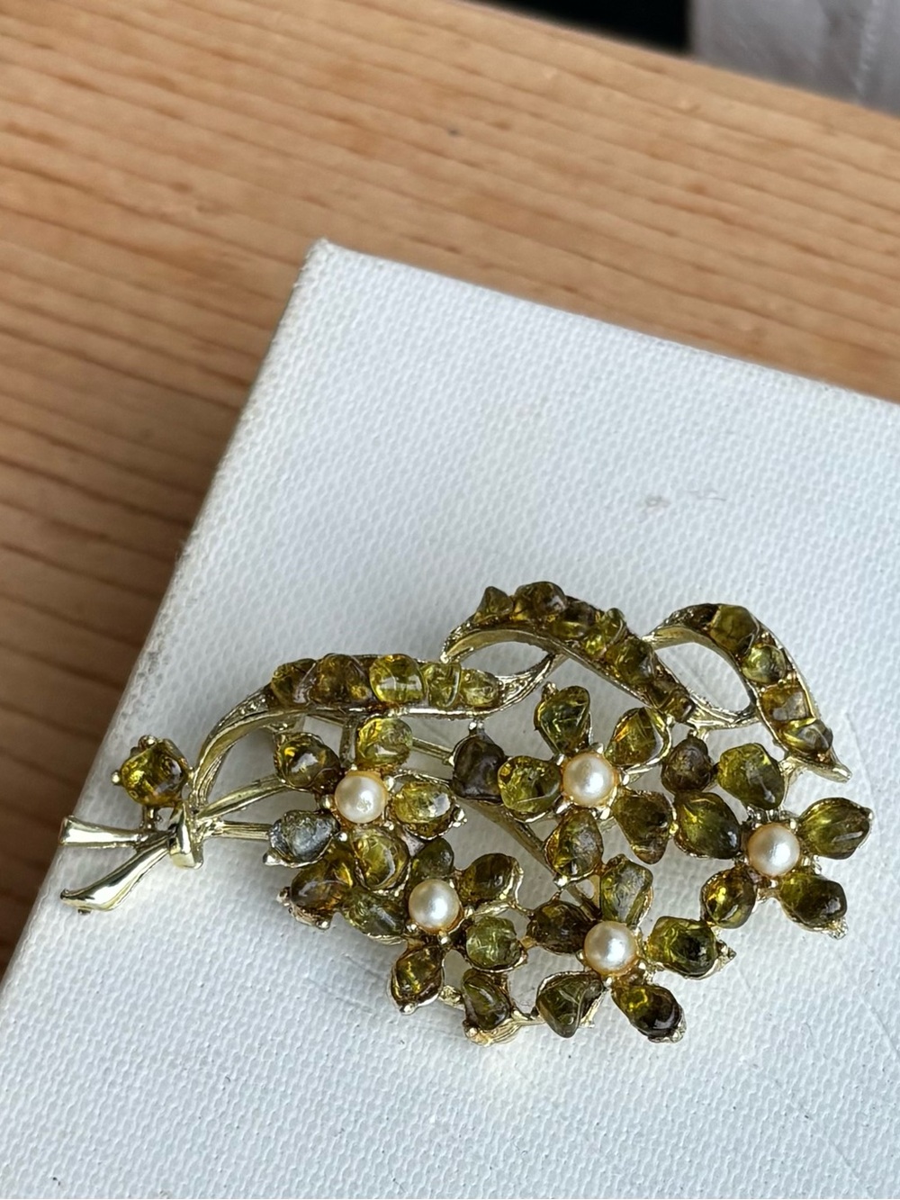 Gold-Tone Green Crystal Floral Brooch with Pearls